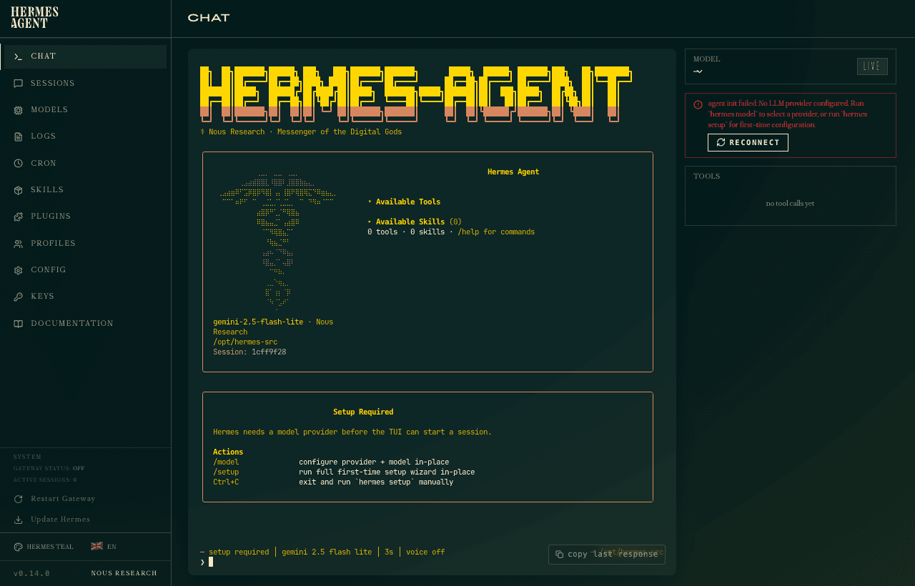 Hermes Agent chat tab in the browser, showing a tool call to execute_code