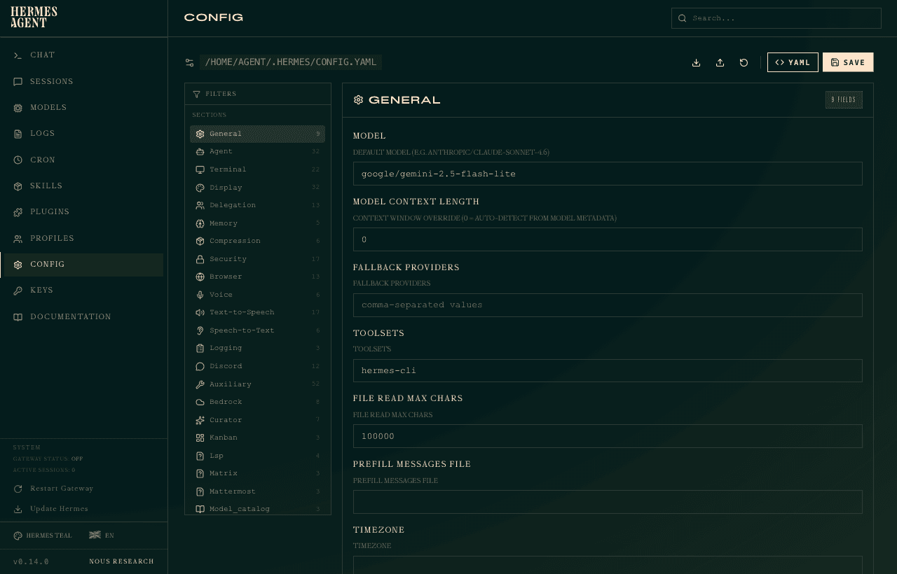 Config tab in Hermes Agent