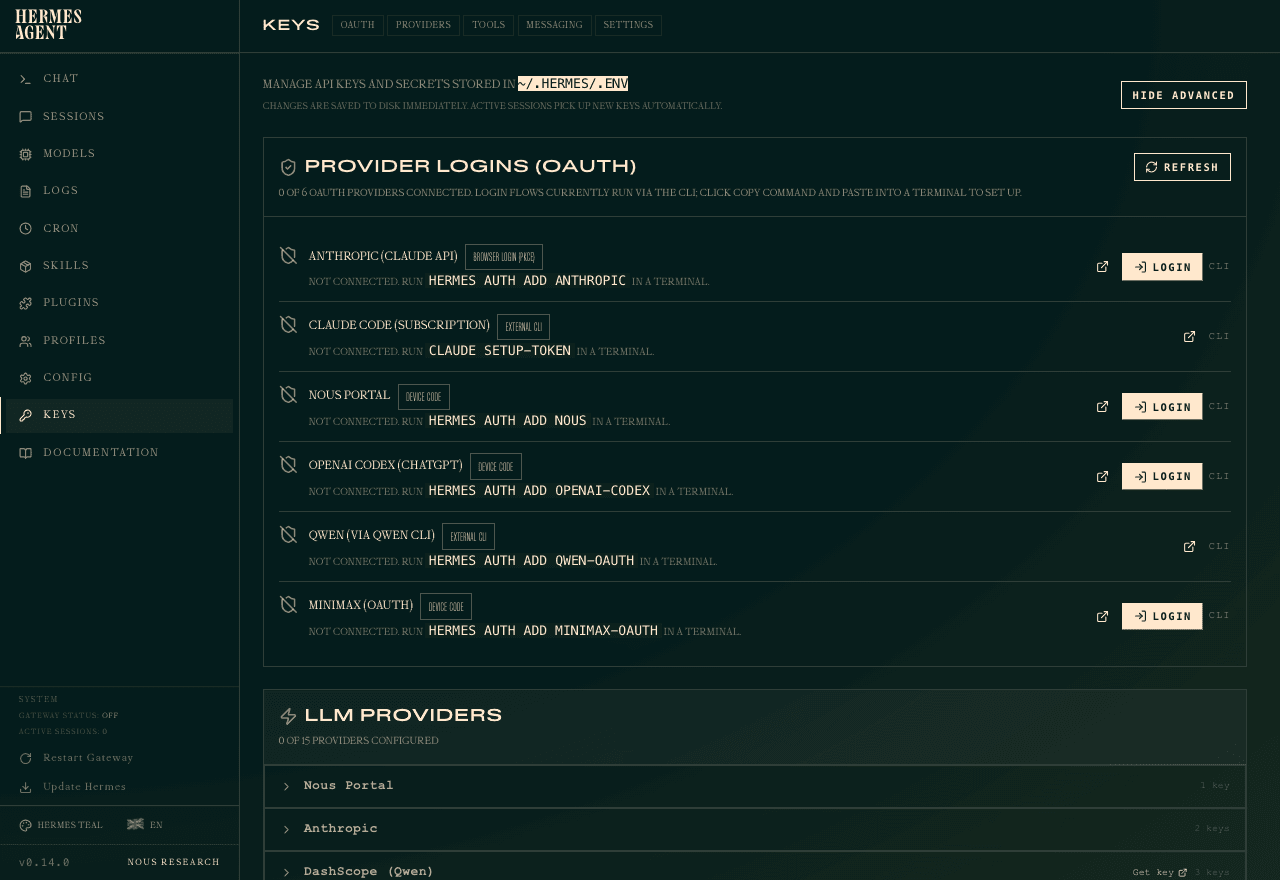 The KEYS page in the Hermes Agent dashboard, listing OAuth providers and LLM provider rows where you paste an API key