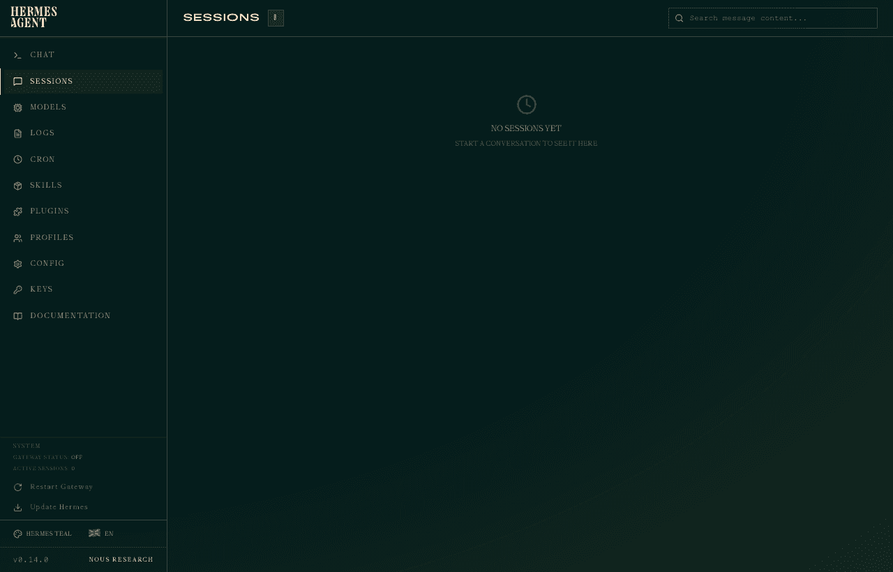 Sessions tab in Hermes Agent showing a list of past conversations
