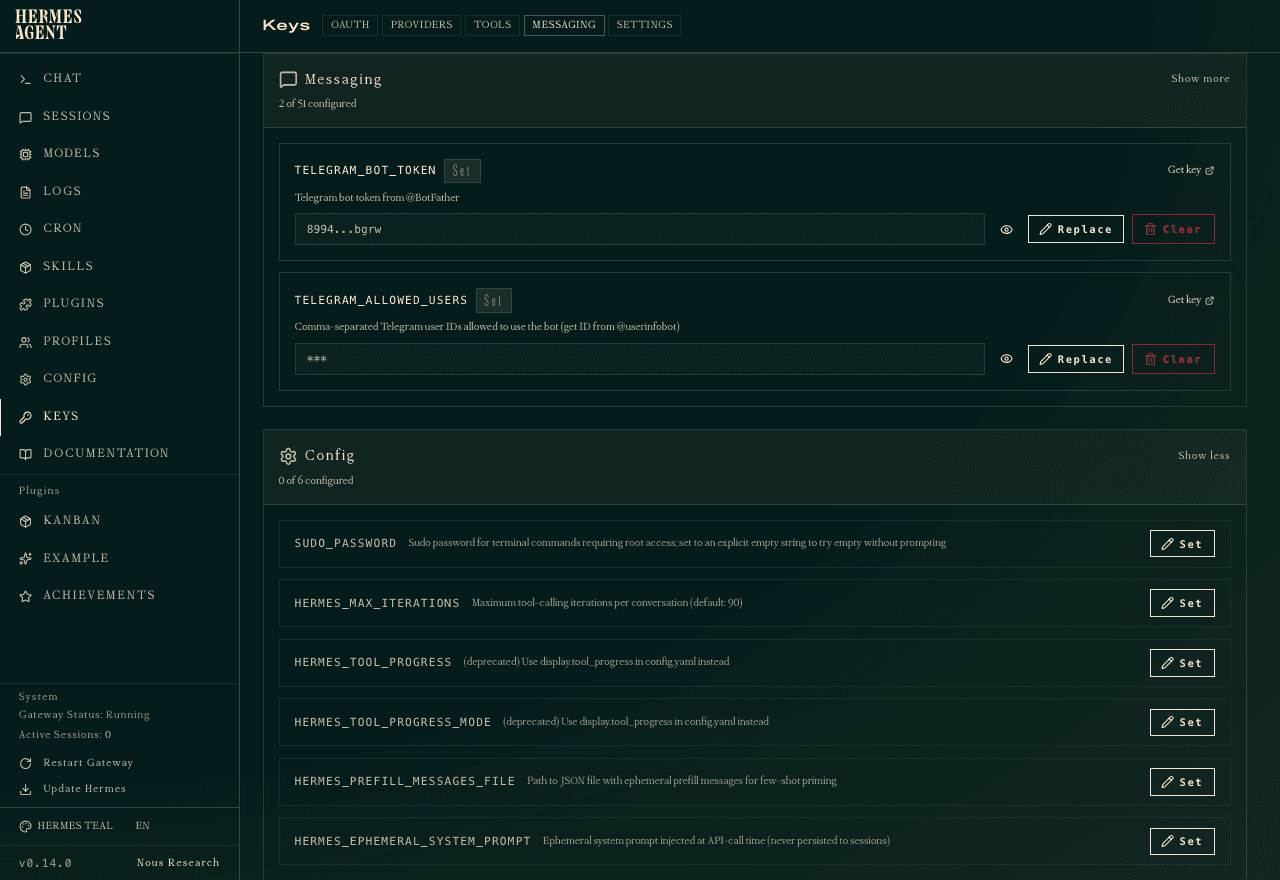 Hermes dashboard KEYS → MESSAGING tab with Telegram bot token and allowed users fields populated