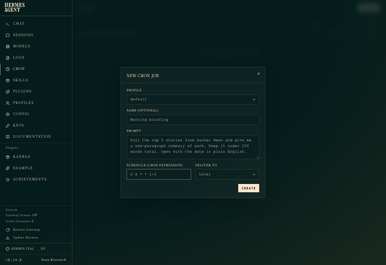 The New cron job form filled in with a Morning briefing job that pulls Hacker News stories at 8am on weekdays