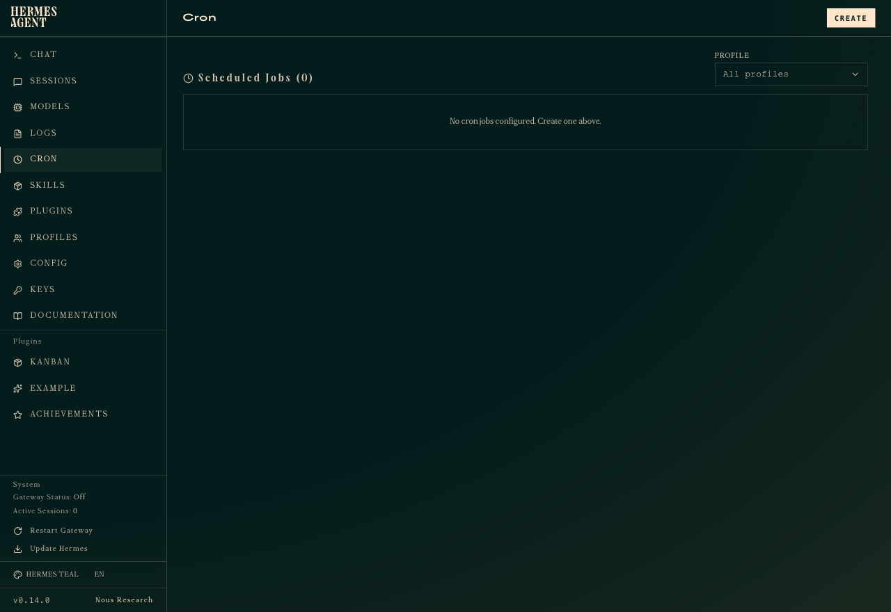 The CRON tab in the Hermes dashboard before any jobs have been added