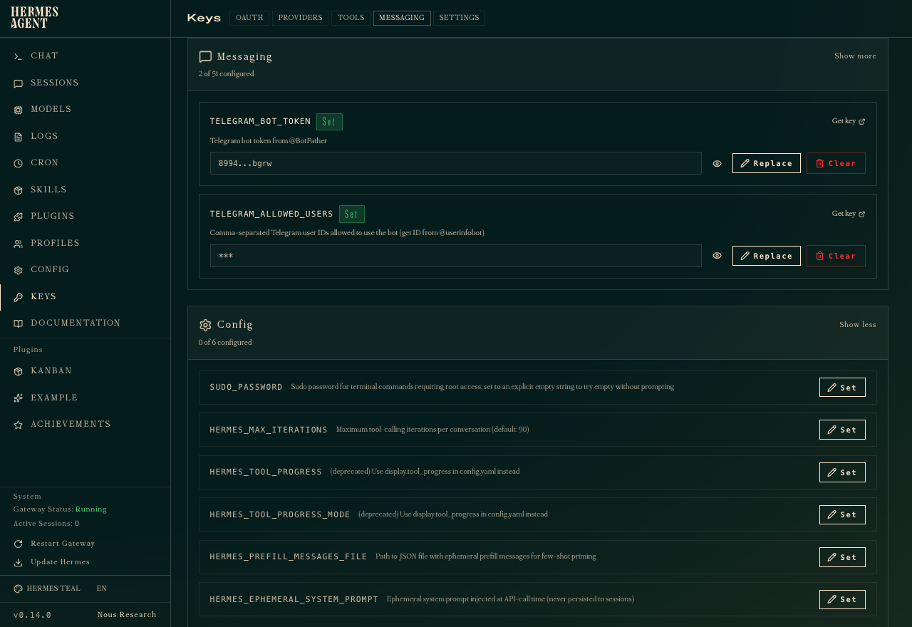 Hermes dashboard KEYS → MESSAGING tab showing the Telegram bot token and allowed users fields, both masked