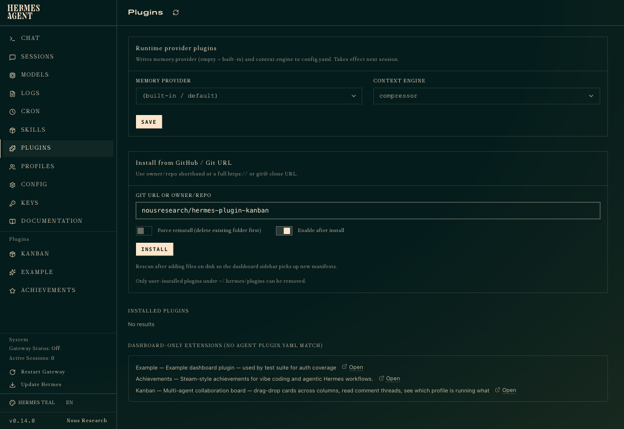 The PLUGINS tab in Hermes with the install panel showing the GitHub URL or owner/repo field