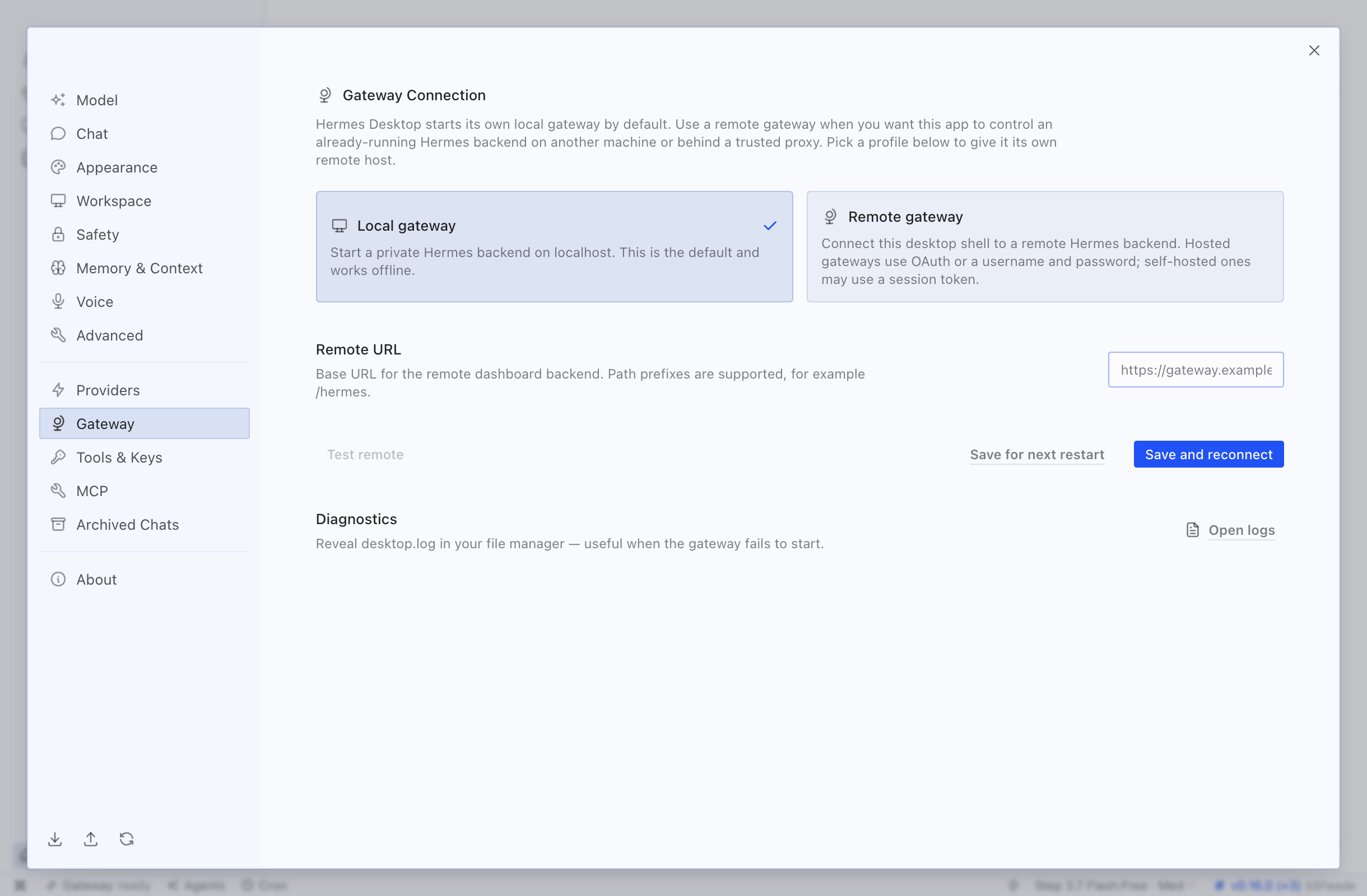 Hermes Desktop Settings dialog, Gateway pane. Two cards: Local gateway (default, checked) and Remote gateway. Below them are Remote URL and Diagnostics.