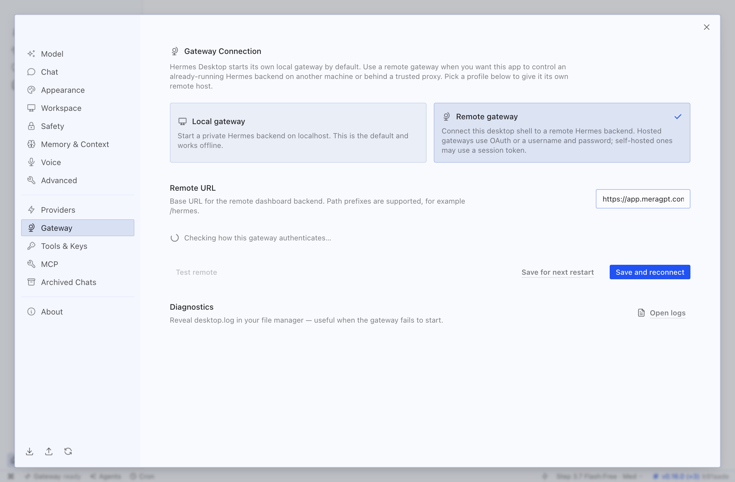 Remote gateway selected with the box URL pasted in. A small status indicator below the URL says 'Checking how this gateway authenticates...'
