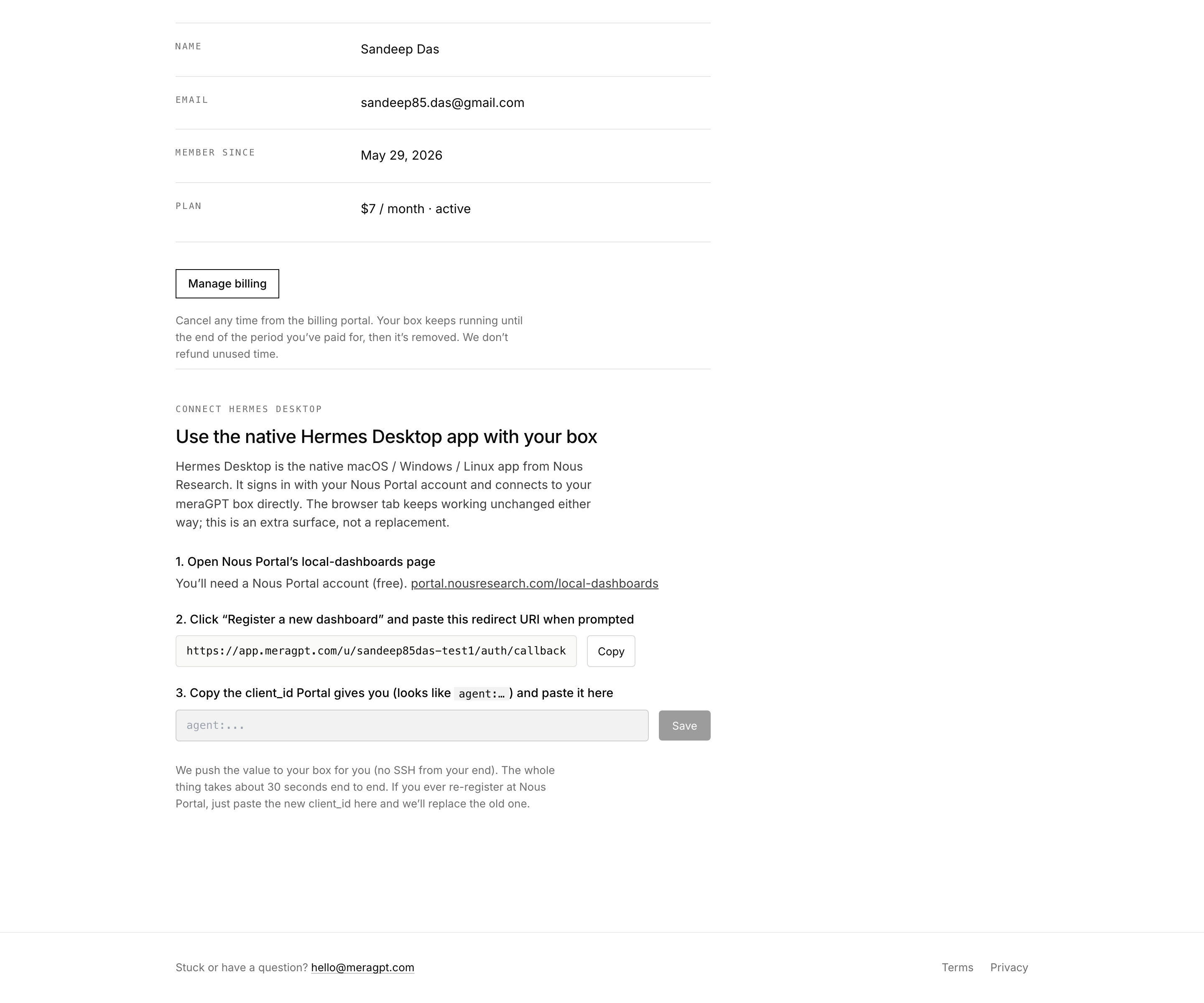 The Connect Hermes Desktop card on /account: three numbered steps explaining how to register at Nous Portal, paste the redirect URI, and enter the client_id. The third step has an input field expecting 'agent:...' and a Save button.