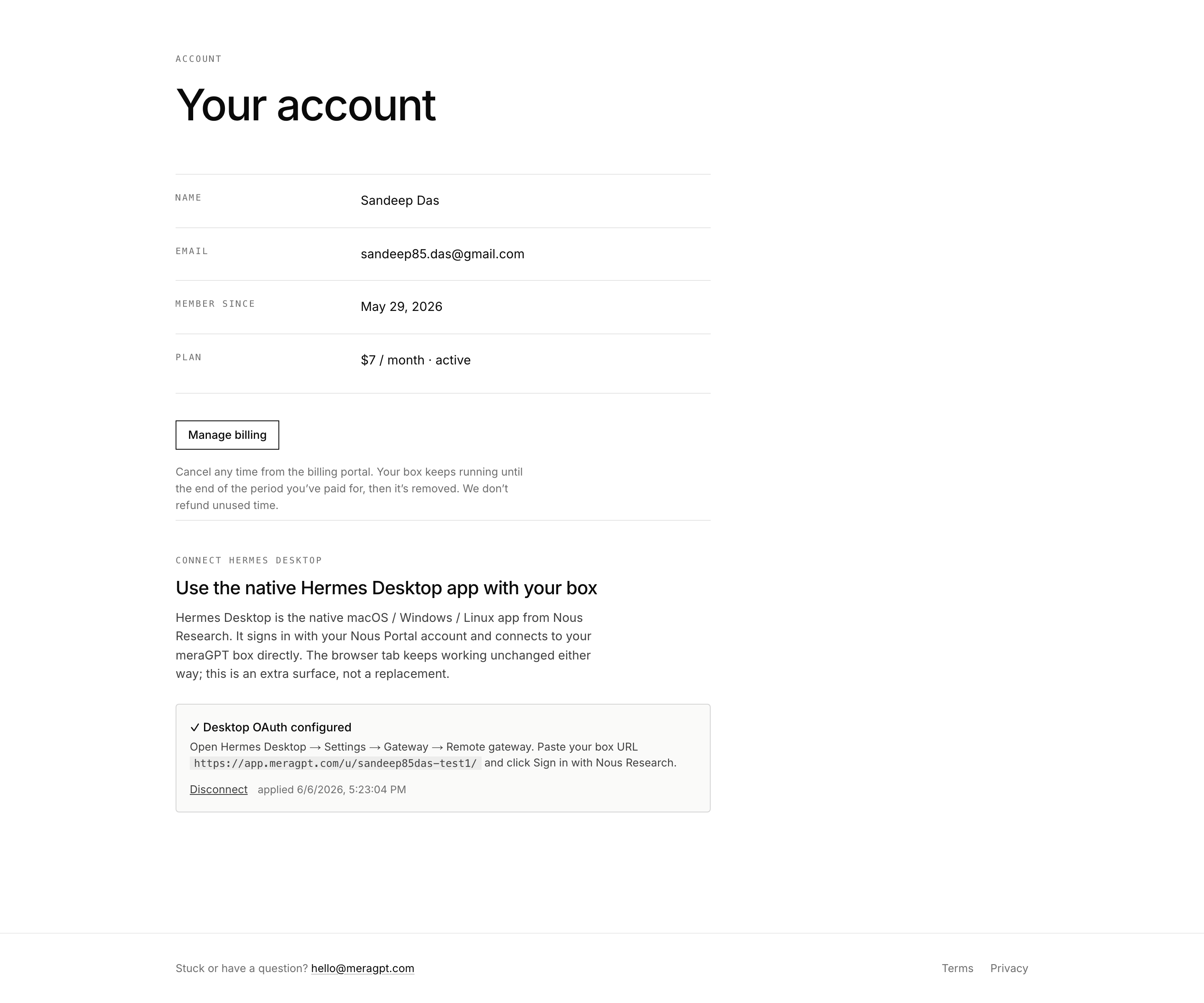 The Connect Hermes Desktop card showing the configured state: a checkmark, 'Desktop OAuth configured', and instructions to open Hermes Desktop and paste the box URL.