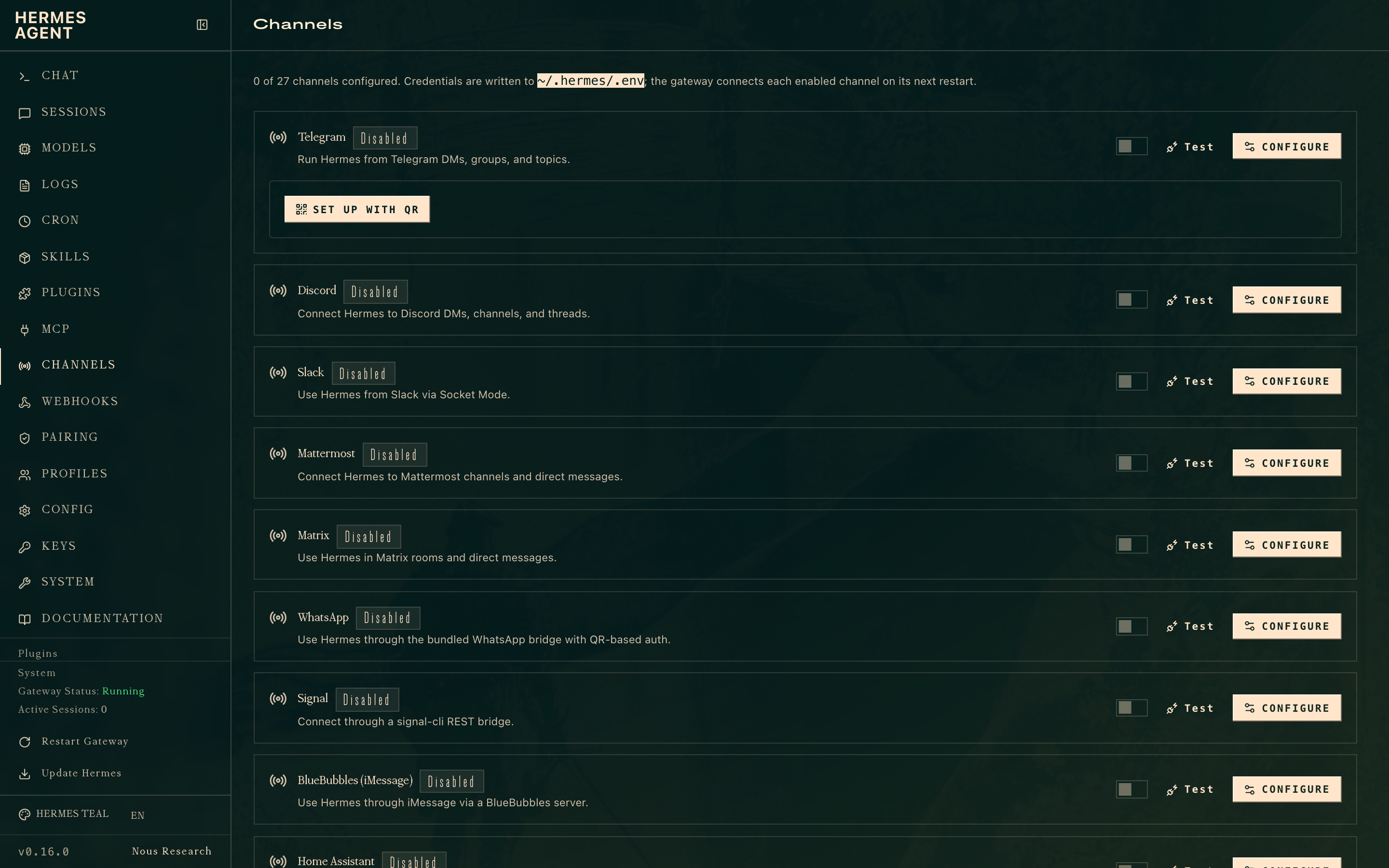 The Channels admin panel in v0.16: rows for Telegram, Discord, Slack, Mattermost, Matrix, WhatsApp, Signal and others; each row has a Test and Configure button.