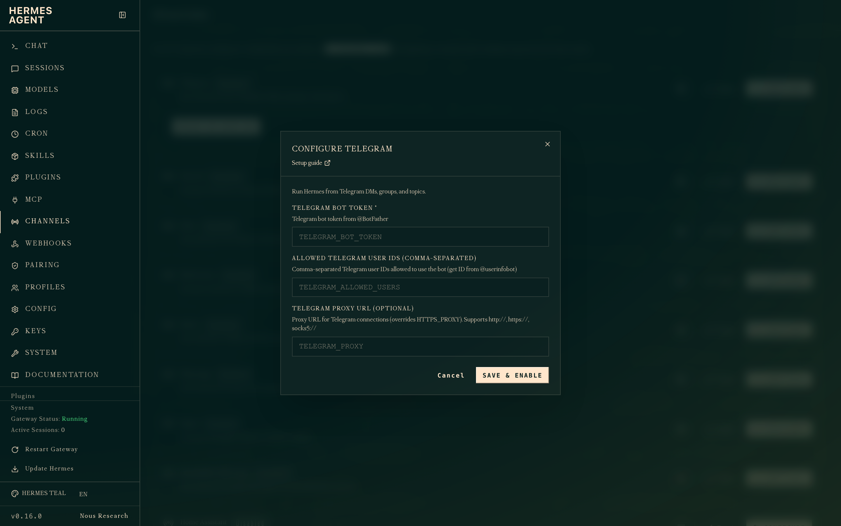 The Configure Telegram modal: bot token, allowed user IDs, optional proxy URL, Cancel and Save & enable buttons.